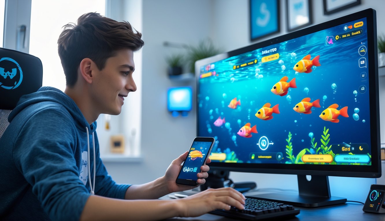 Seorang pria muda sedang bermain game menembak ikan di komputer dan ponsel di ruang kerja yang terang dan rapi.