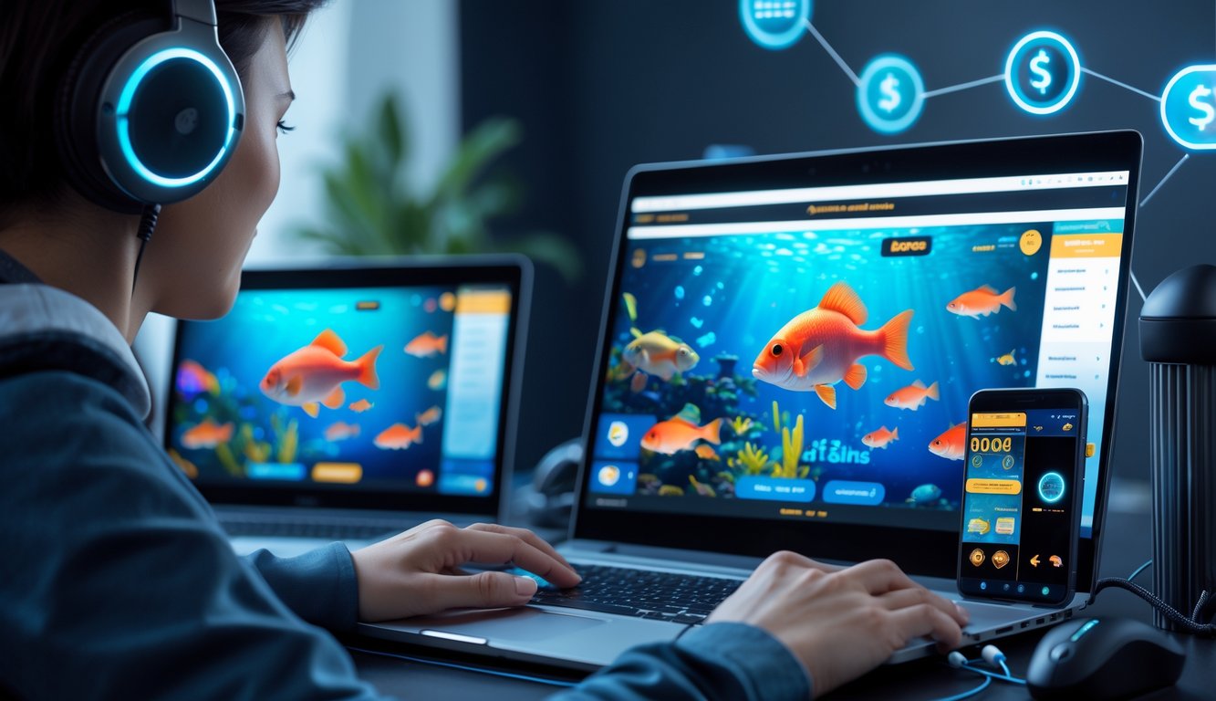 Seseorang menggunakan laptop dan ponsel untuk bermain game tembak ikan online di meja kerja yang rapi.