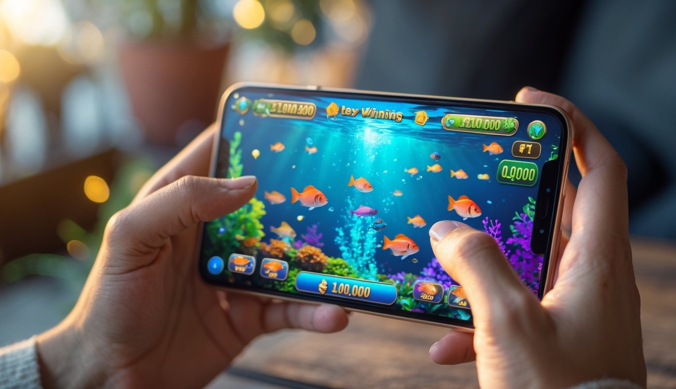 Seseorang memegang ponsel yang menampilkan permainan tembak ikan dengan latar bawah laut berwarna-warni.