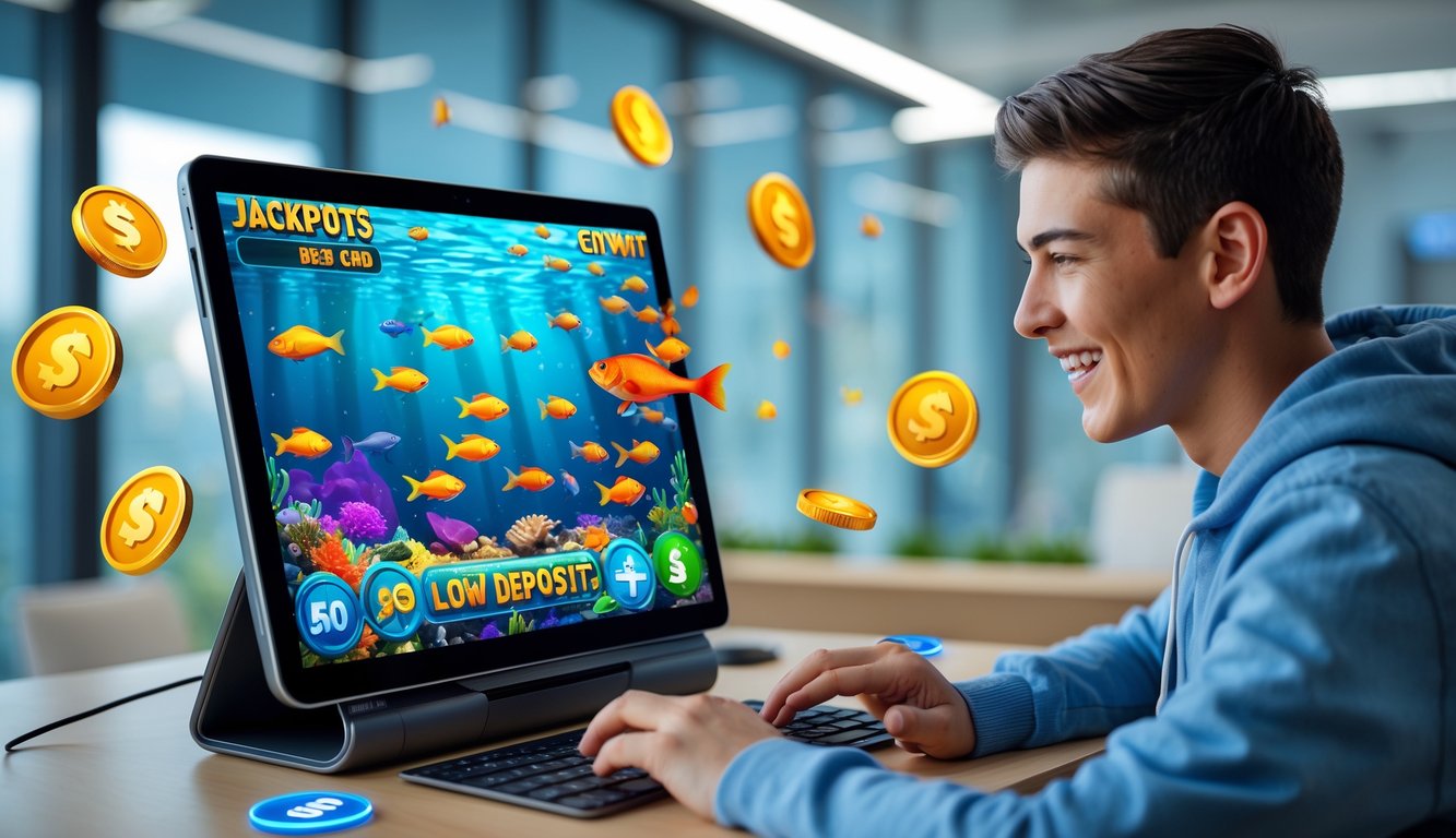 Seorang pemain muda sedang bermain game tembak ikan online di depan layar komputer dengan latar bawah laut penuh ikan berwarna-warni.