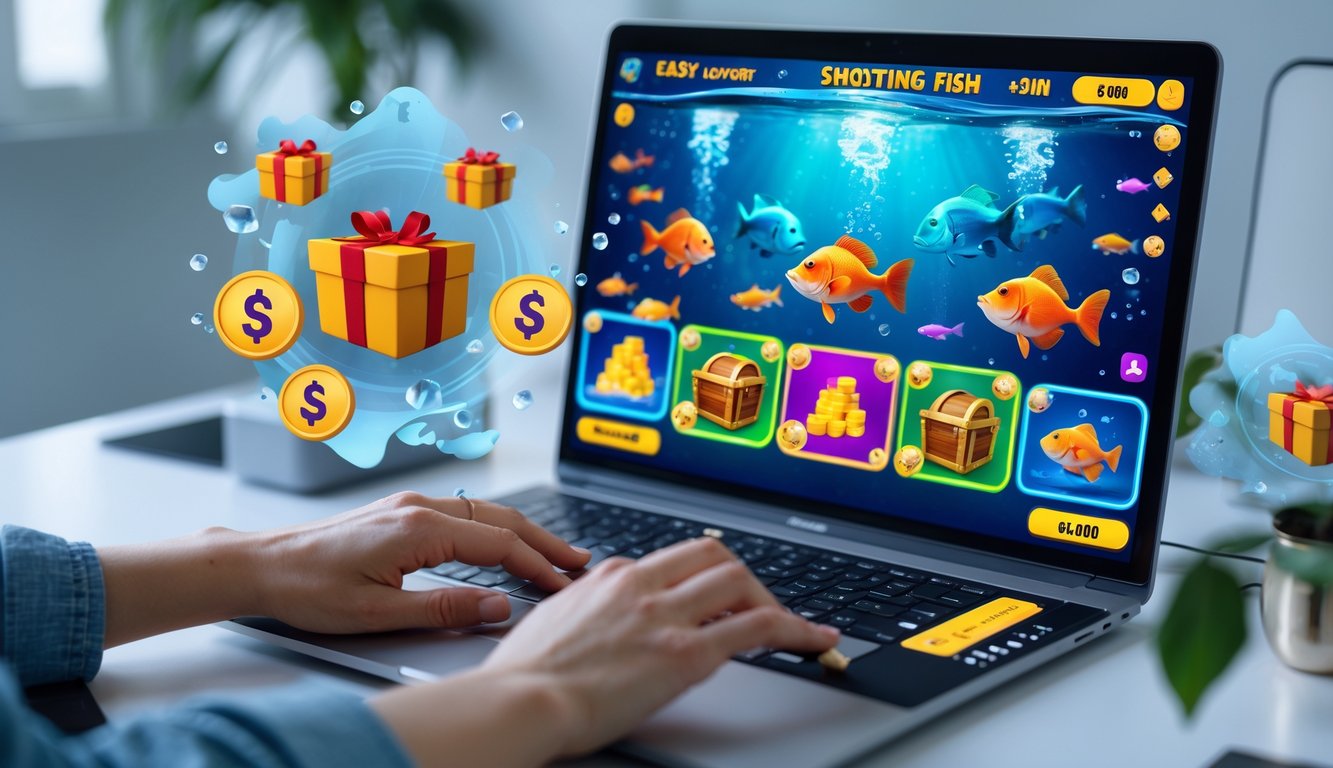 Seseorang menggunakan komputer dengan layar permainan slot ikan yang berwarna-warni dan elemen bonus di sekitar meja kerja.