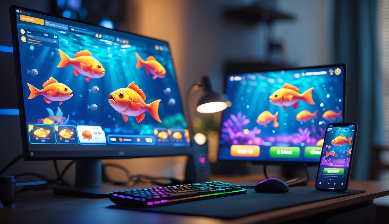 Sebuah meja dengan komputer yang menampilkan permainan tembak ikan online dengan gambar ikan berwarna-warni di layar.