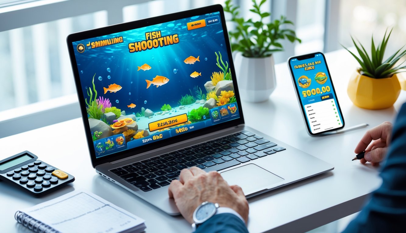 Seorang pria menggunakan laptop di meja kerja dengan tampilan permainan tembak ikan di layar, dikelilingi alat tulis dan ponsel.