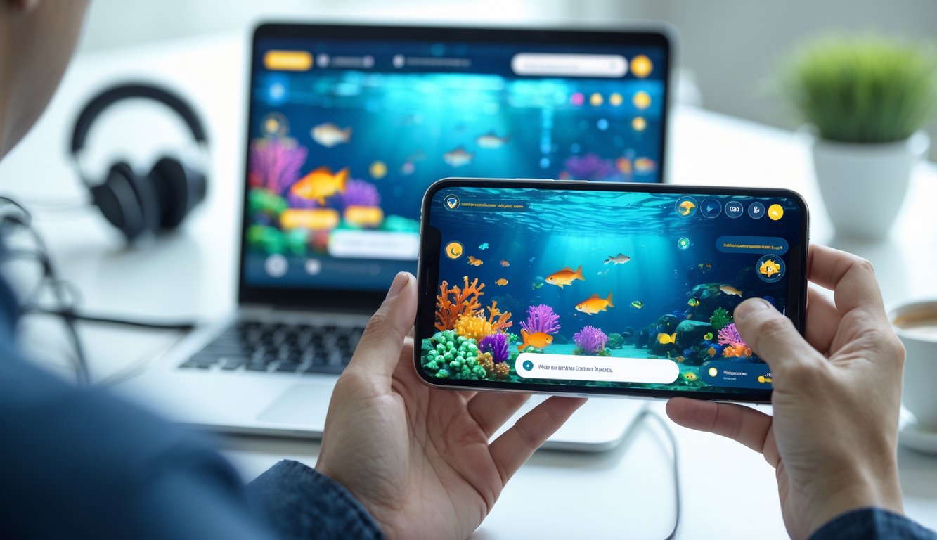 Seseorang memegang smartphone yang menampilkan permainan memancing ikan dengan ikan berwarna-warni di layar, di atas meja kerja dengan laptop dan cangkir kopi.