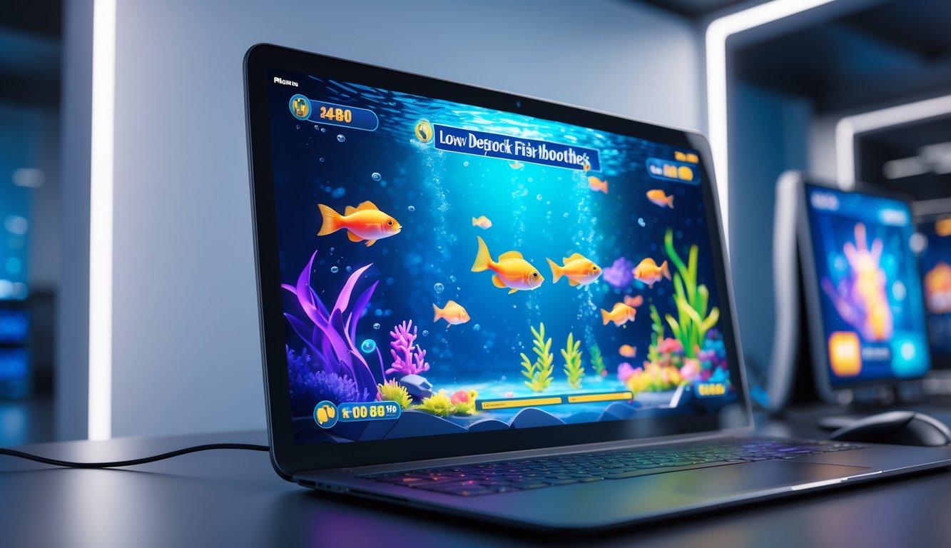 Seseorang sedang bermain permainan tembak ikan di perangkat digital dengan tampilan grafis ikan berwarna-warni di layar.