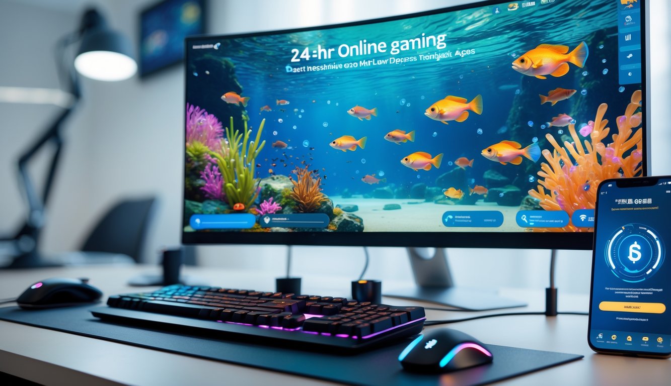 Setup gaming digital dengan layar komputer menampilkan permainan tembak ikan online dan smartphone dengan transaksi deposit.