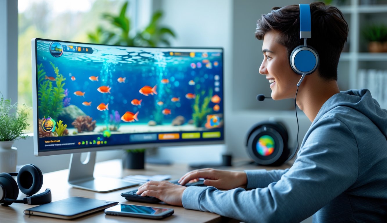 Seseorang sedang bermain permainan tembak ikan online di komputer di ruang kerja rumah yang terang dan rapi.