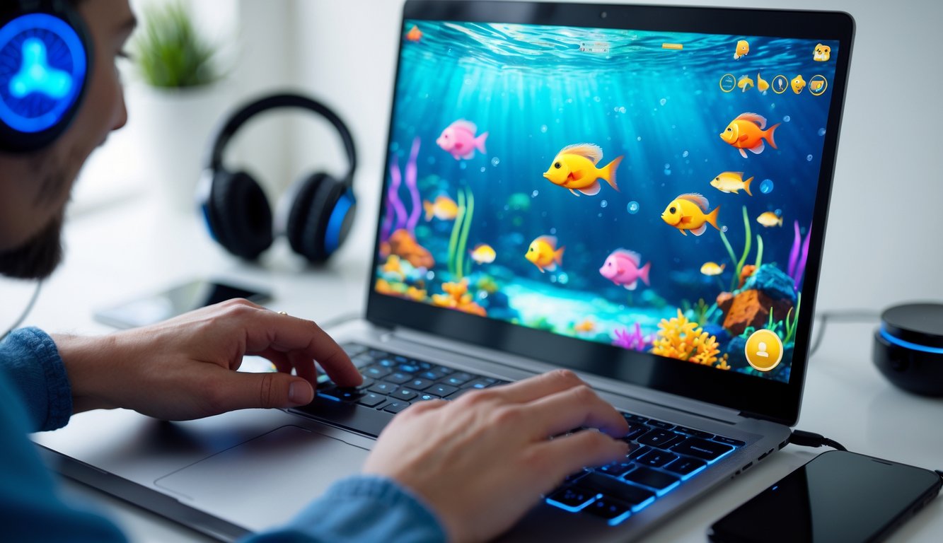 Seseorang bermain game ikan online di laptop dengan latar belakang ruangan yang rapi dan terang.