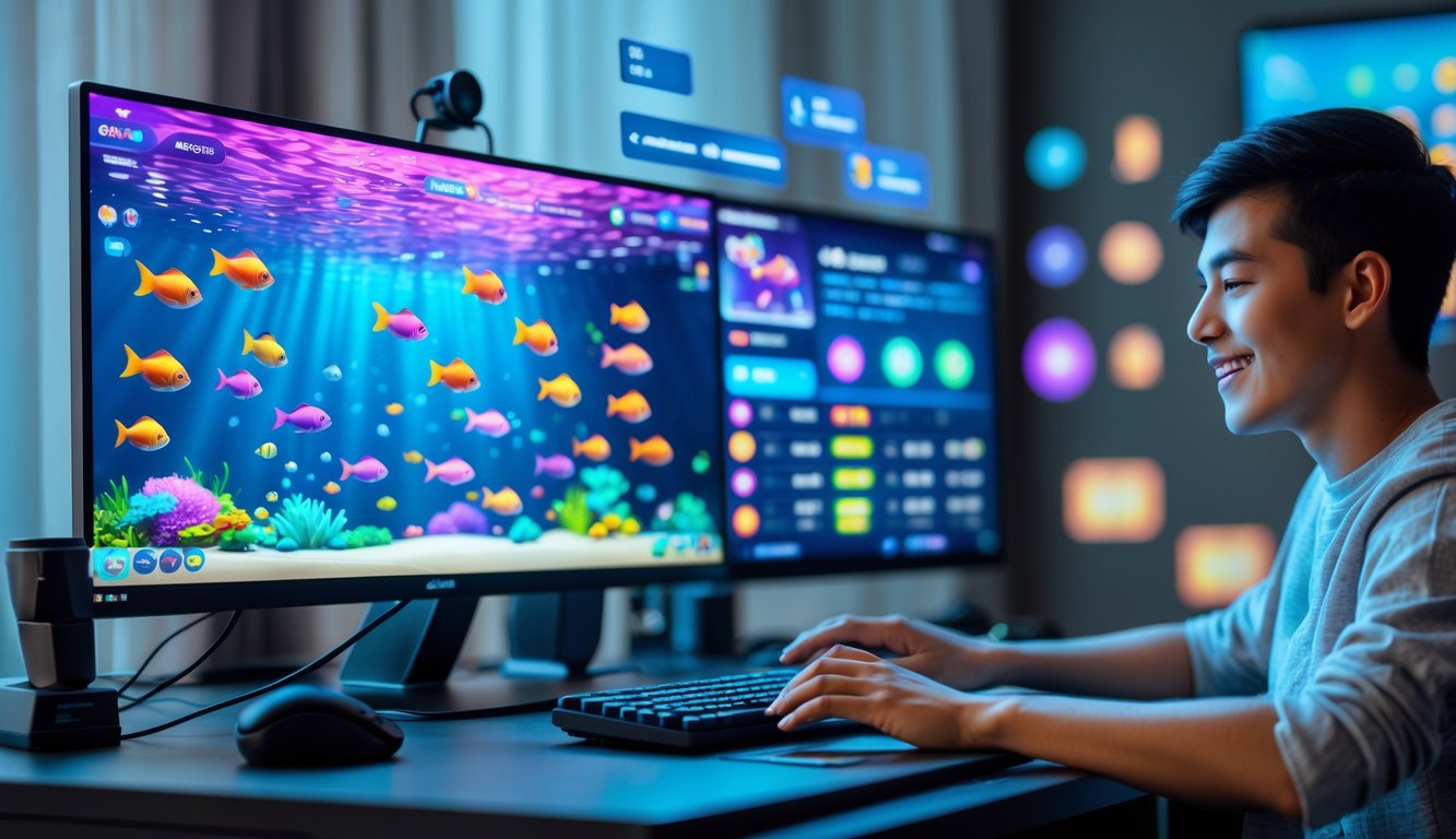 Seorang dewasa muda bermain game ikan online di depan komputer dengan layar penuh warna dan suasana cerah.