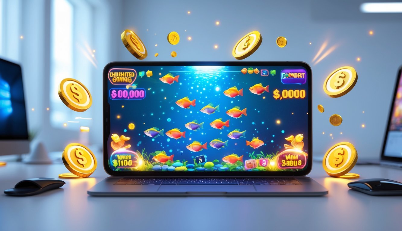 Layar komputer atau ponsel yang menampilkan permainan menembak ikan dengan animasi warna-warni dan efek cahaya di lingkungan bermain yang bersih dan terang.