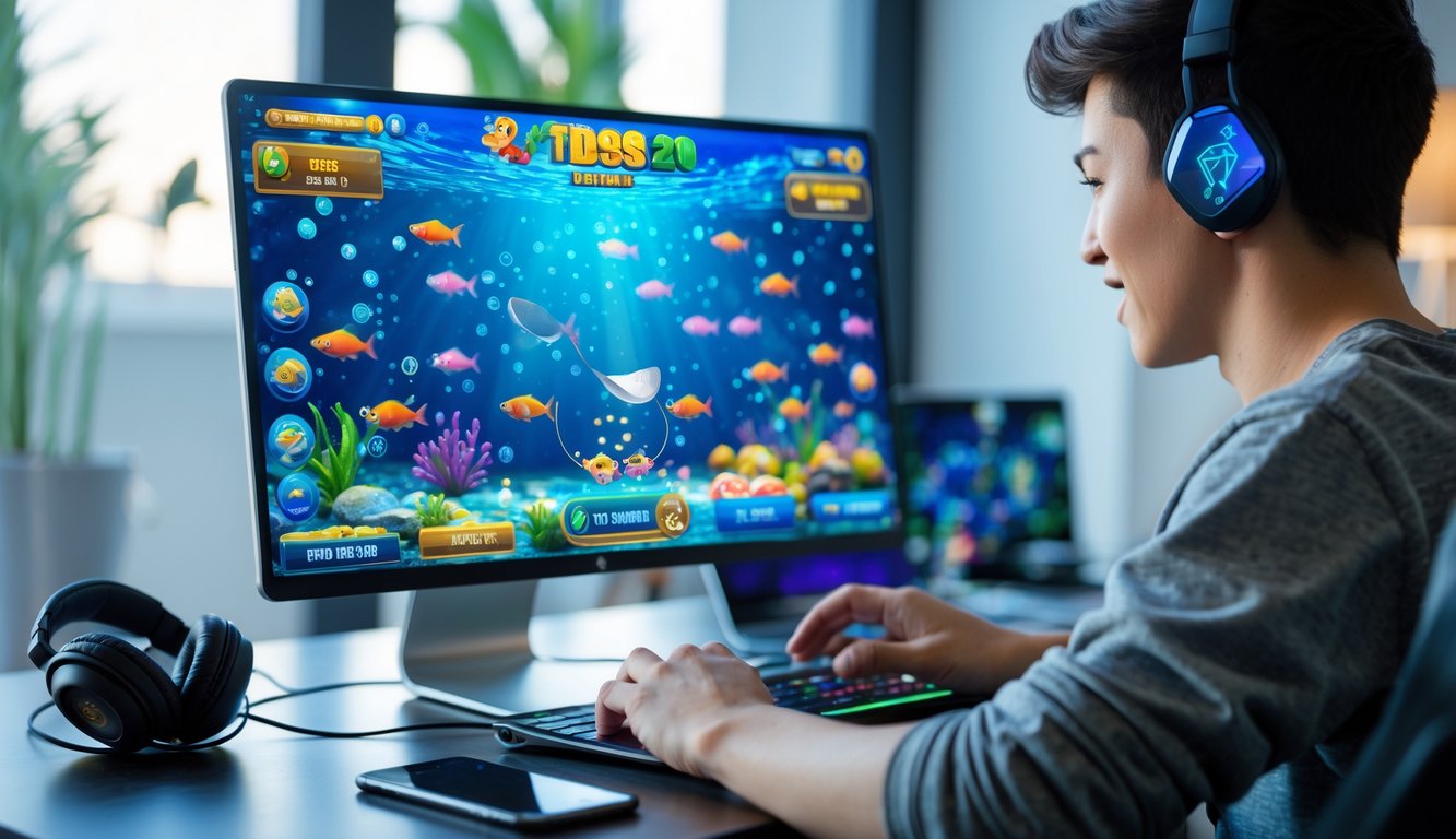 Seorang pemain muda sedang bermain permainan tembak ikan online di depan komputer dengan latar belakang ruangan modern.