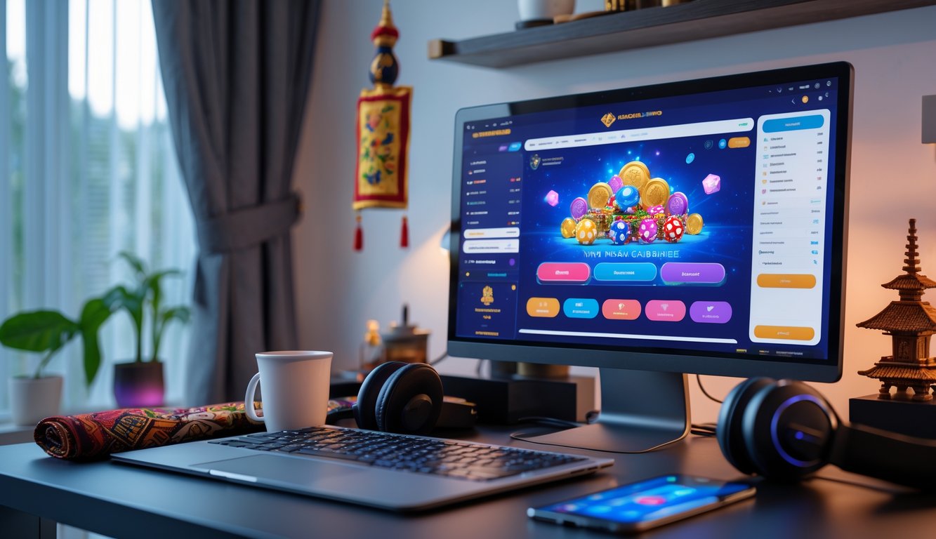 Seseorang sedang menggunakan komputer di ruang kerja yang rapi dengan latar belakang elemen budaya Indonesia, menunjukkan suasana bermain judi online yang aman dan terpercaya.