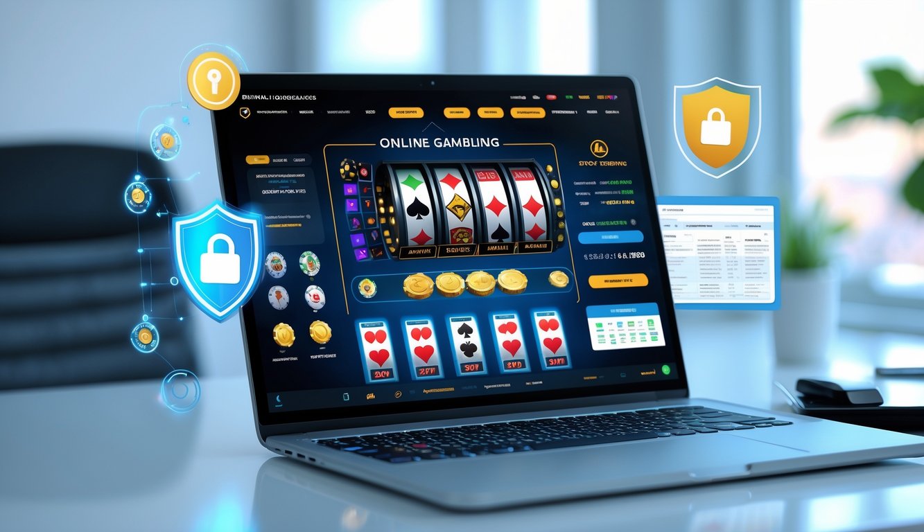 Seorang pria menggunakan laptop di meja kerja dengan tampilan antarmuka situs judi online yang menampilkan mesin slot dan kartu poker, di latar belakang kantor modern yang terang.