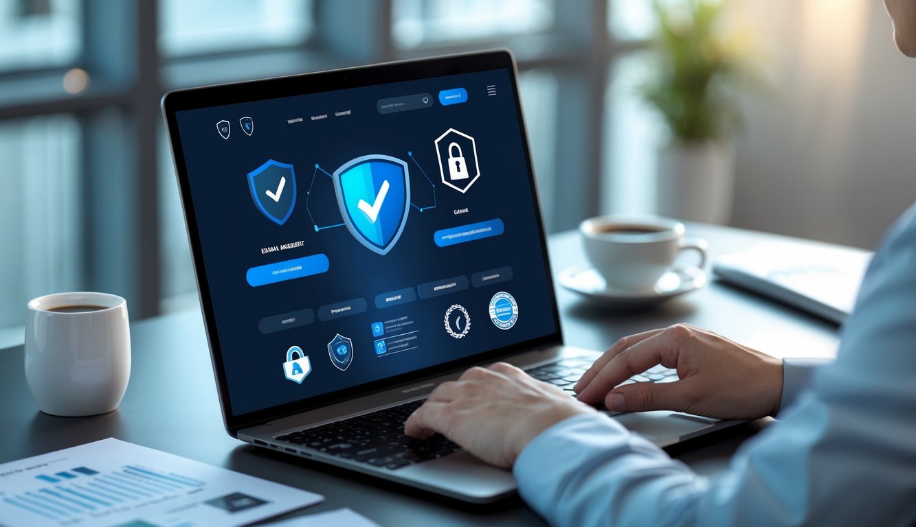 Seorang pengguna laptop di ruang kerja modern dengan tampilan situs judi online yang aman dan terpercaya di layar.
