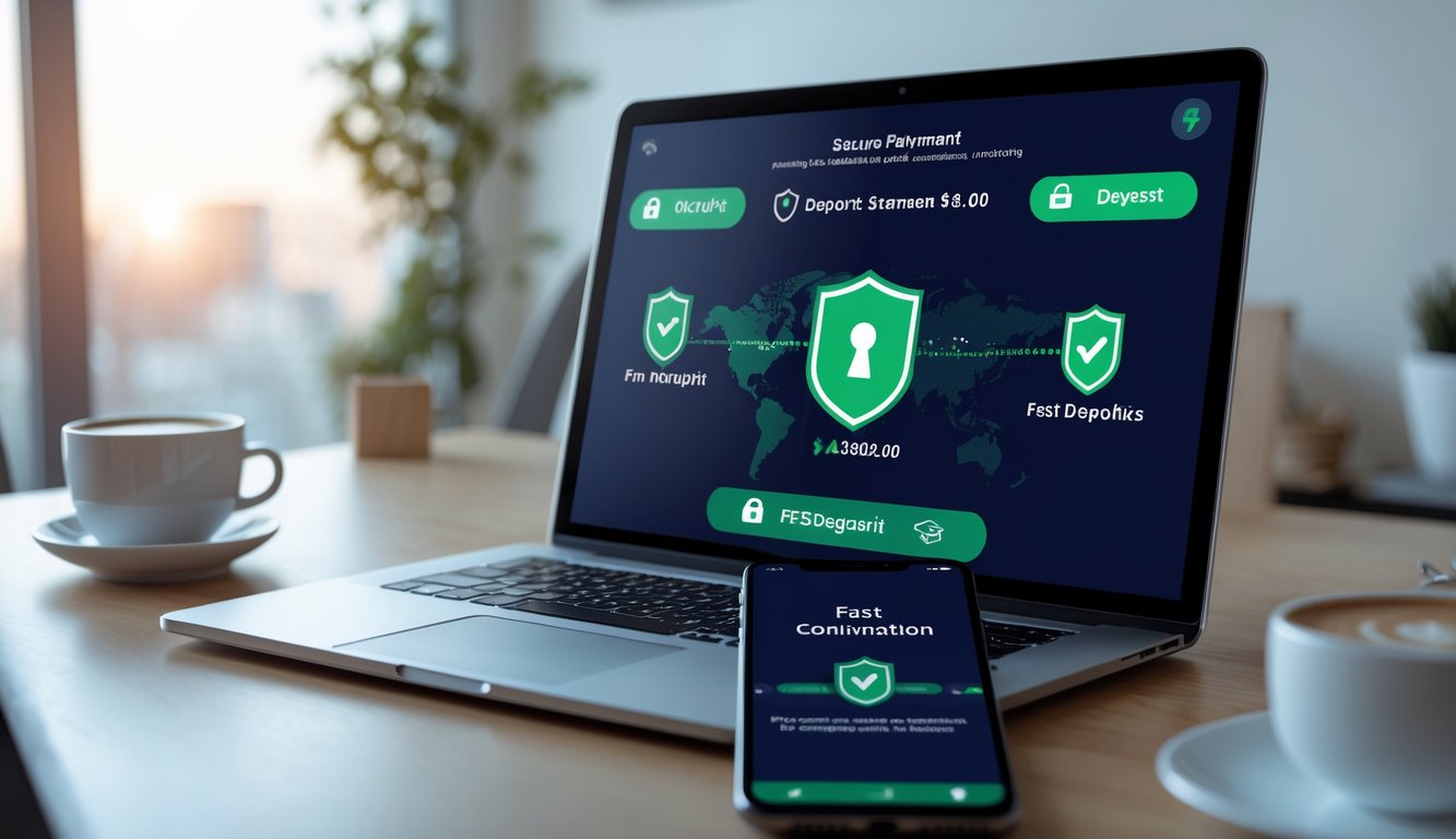 Seorang profesional menggunakan laptop dan ponsel untuk melakukan transaksi deposit cepat dan aman di platform judi online terpercaya.