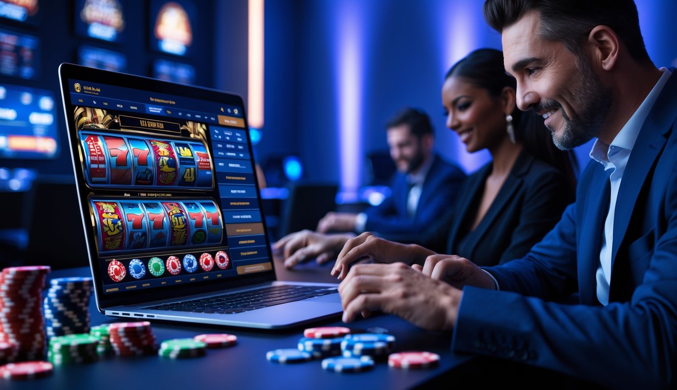 Orang-orang menggunakan komputer dan perangkat digital dengan tampilan permainan slot, meja kasino, dan taruhan olahraga di ruangan modern.