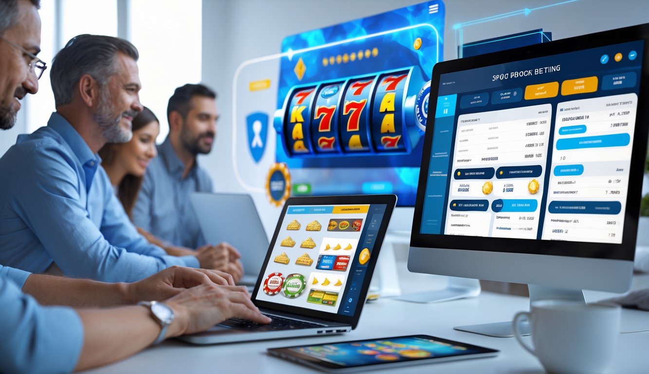 Orang-orang menggunakan perangkat digital untuk bermain slot, kasino, dan taruhan olahraga secara online di lingkungan yang modern dan profesional.
