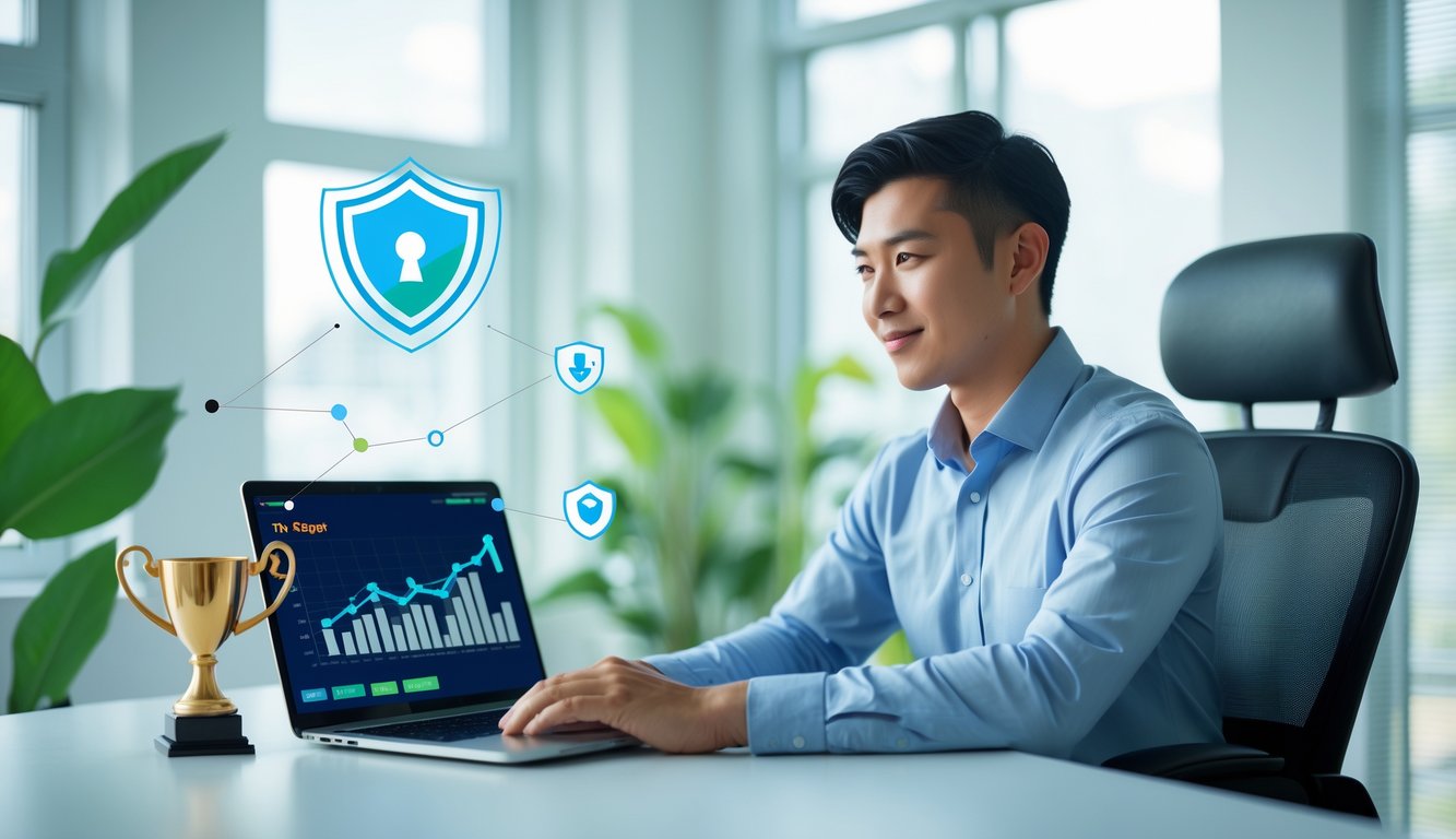 Seorang pria muda duduk di meja dengan laptop, melihat grafik dan simbol keamanan yang menunjukkan situs judi online terpercaya.