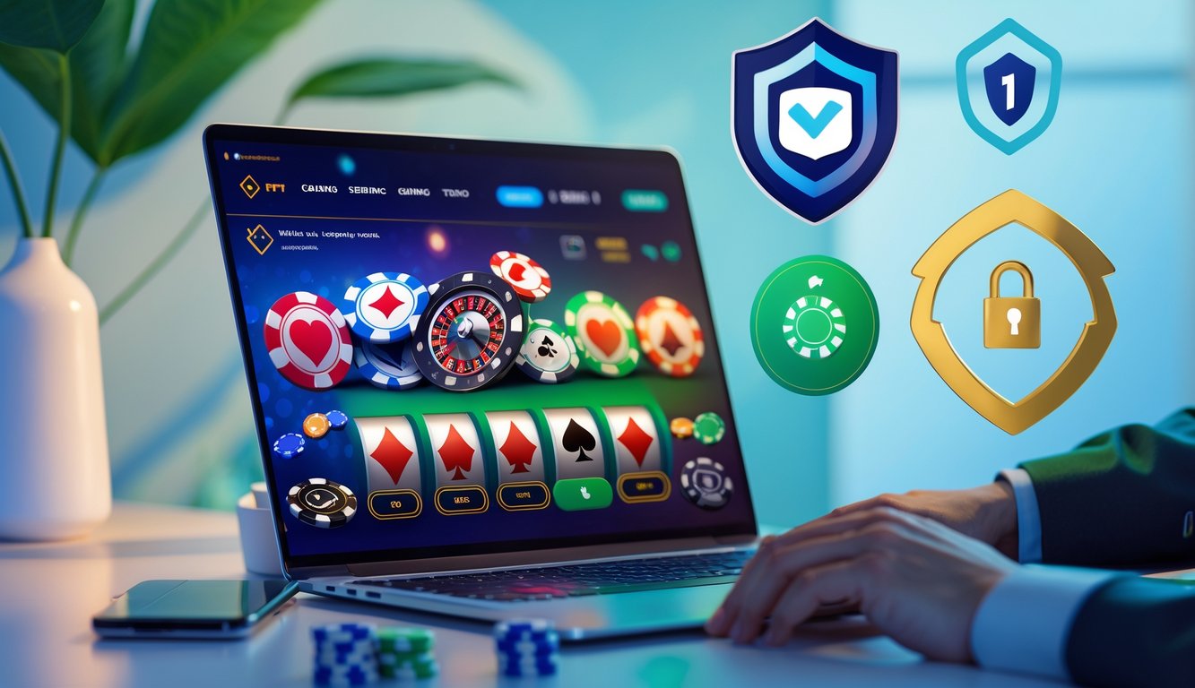 Suasana ruang kerja modern dengan komputer yang menampilkan antarmuka kasino online dan simbol keamanan di sekitarnya.