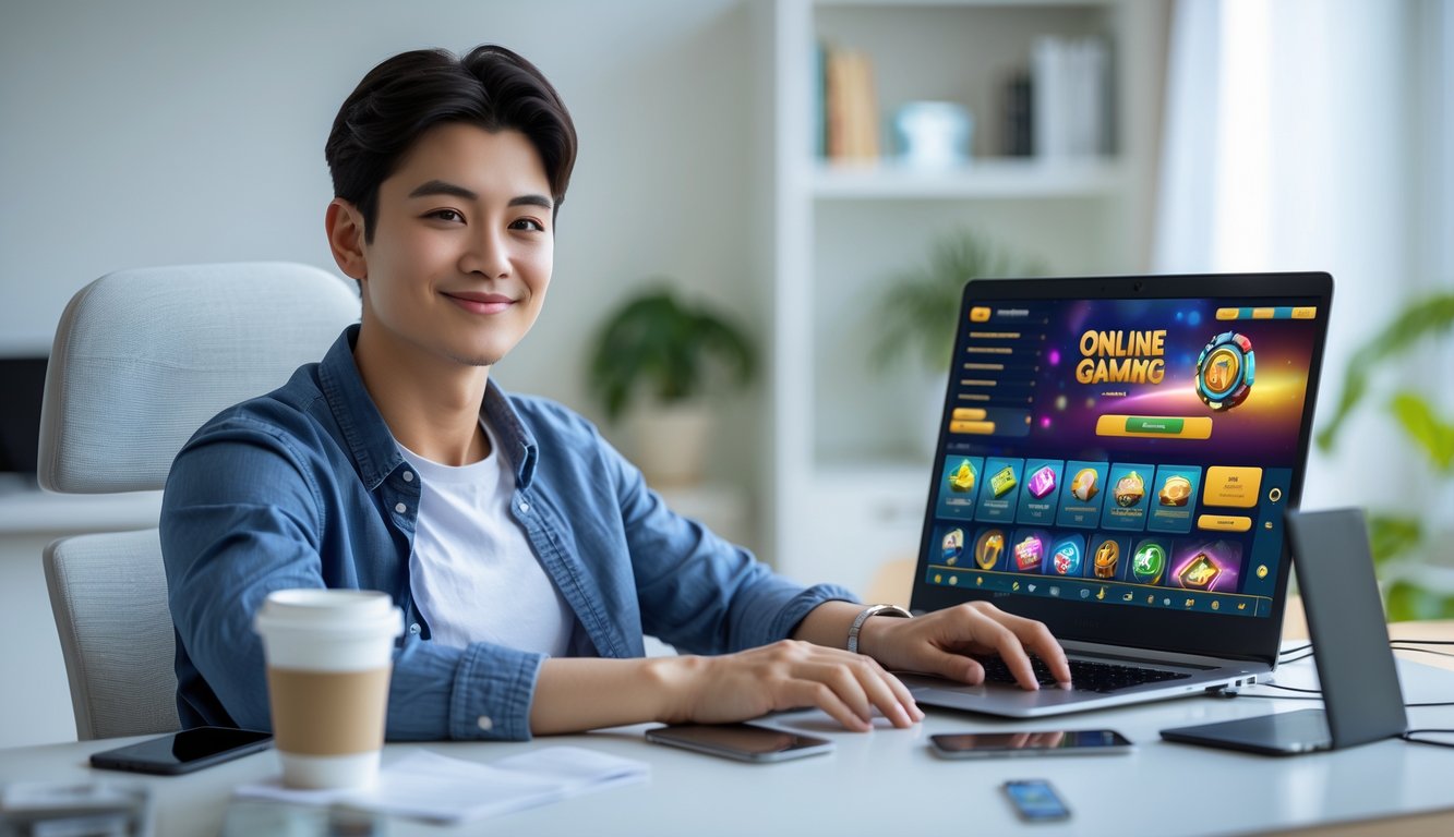 Seseorang duduk di depan laptop di ruang kerja rumah yang rapi, tersenyum sambil menggunakan situs judi online.