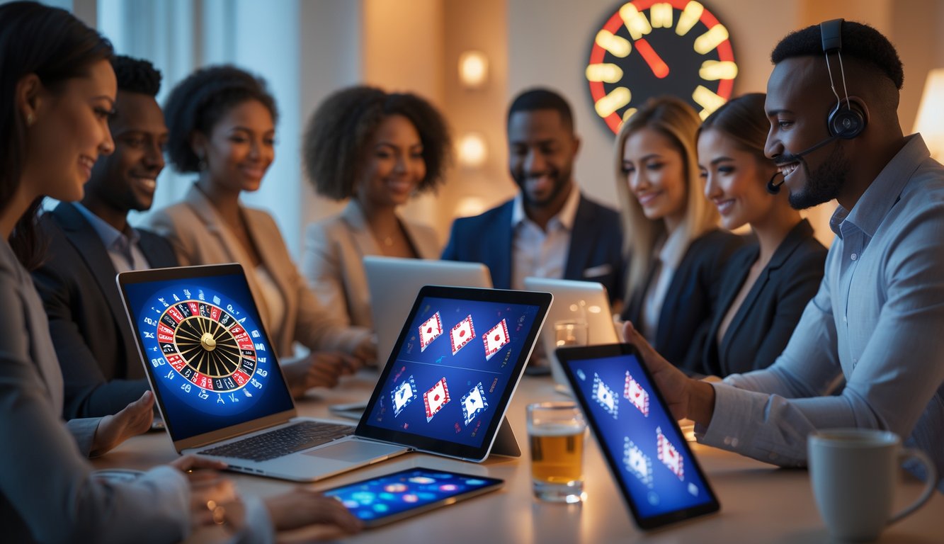 Beberapa orang menggunakan perangkat digital dengan tampilan permainan judi online di layar, di ruangan yang nyaman dengan suasana profesional dan layanan pelanggan siap membantu.