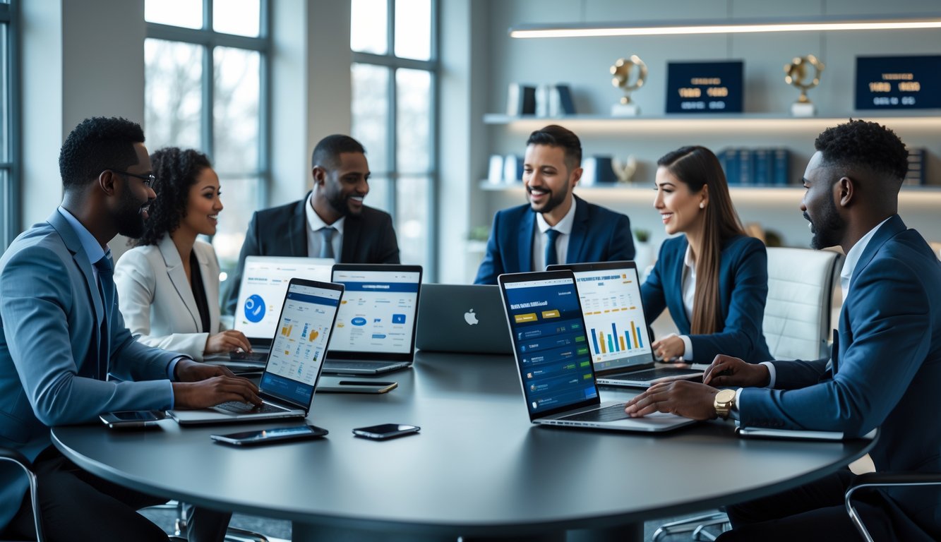 Sekelompok profesional bekerja bersama di ruang kantor modern dengan laptop dan perangkat digital, menunjukkan suasana layanan situs judi online yang terpercaya dan tersedia 24 jam.