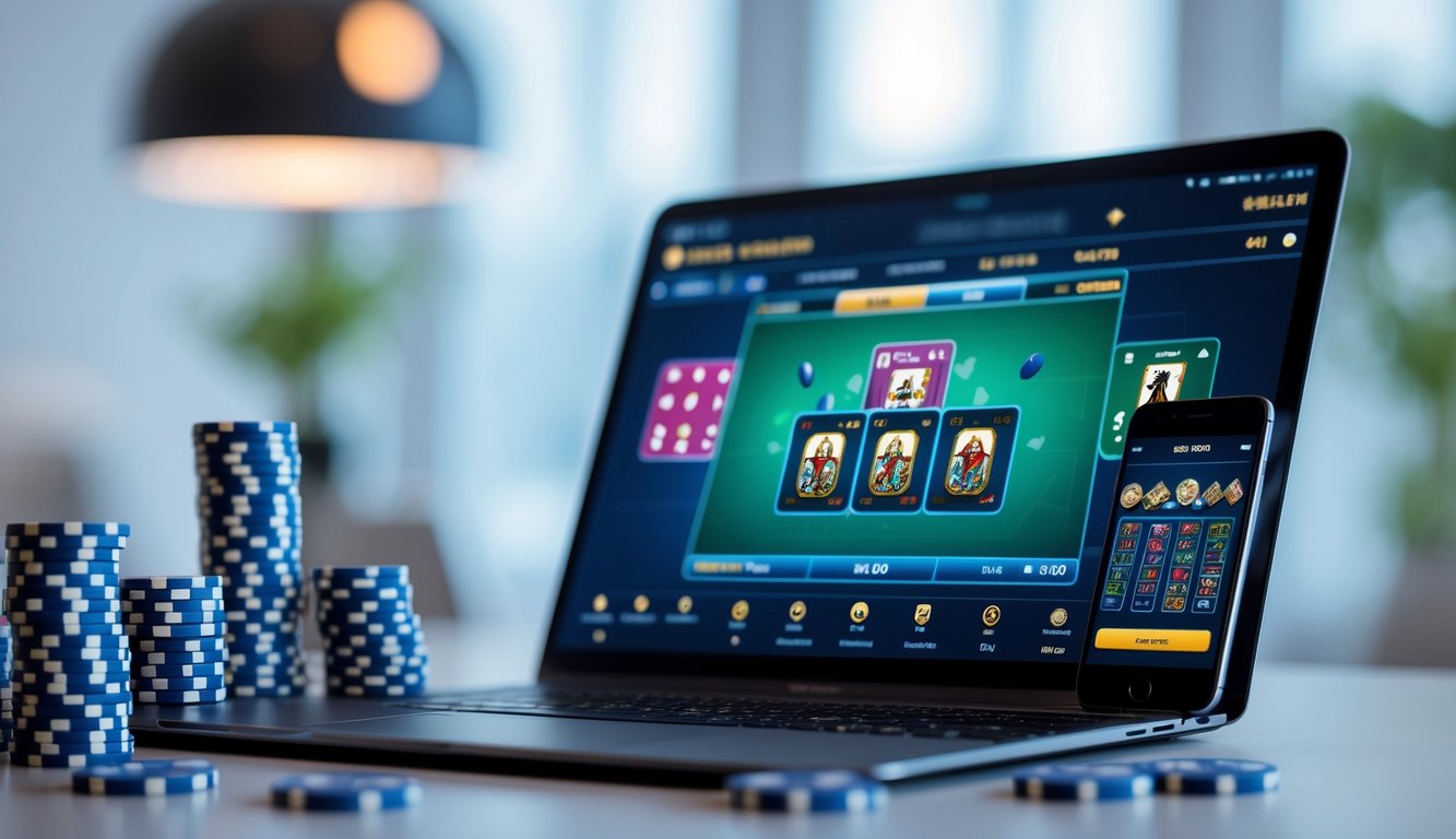 Seorang pemain menggunakan laptop dan smartphone untuk bermain kartu online dengan tumpukan chip poker di meja.