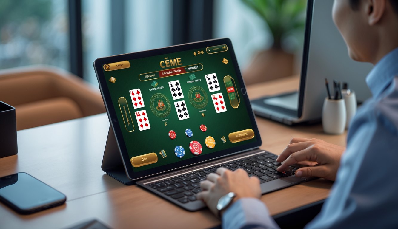 Seseorang sedang bermain permainan kartu Ceme secara online menggunakan laptop di meja kerja yang rapi dan nyaman.
