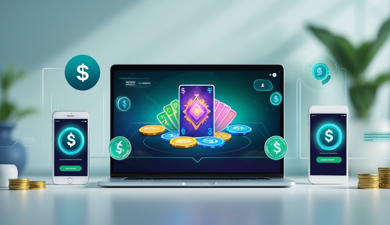 Seorang pengguna sedang bermain permainan kartu online di depan komputer dengan tampilan antarmuka permainan yang berwarna-warni dan simbol pembayaran digital di sekitar perangkat.