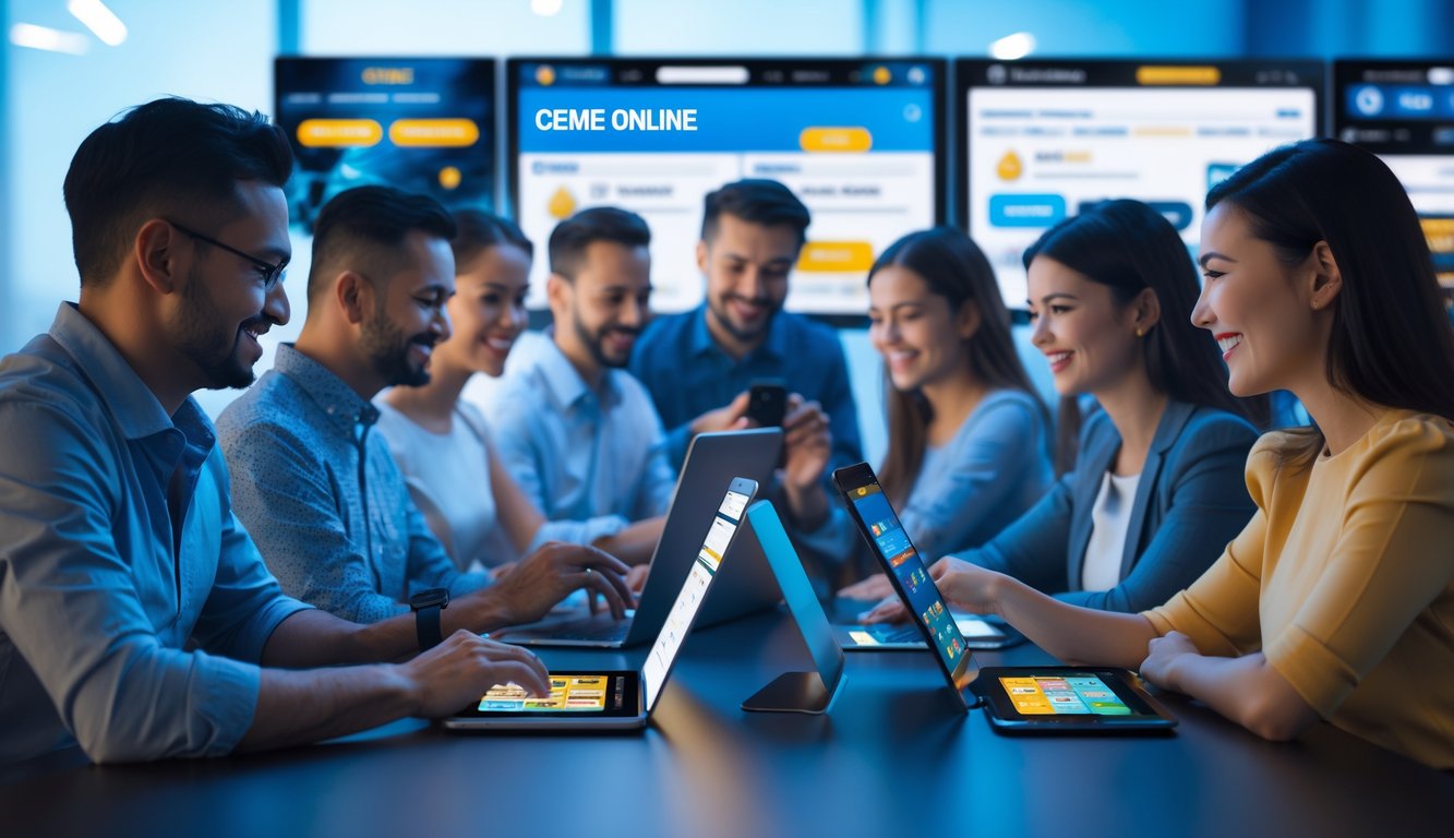 Beberapa orang dewasa menggunakan perangkat digital untuk bermain permainan online di lingkungan yang aman dan nyaman.