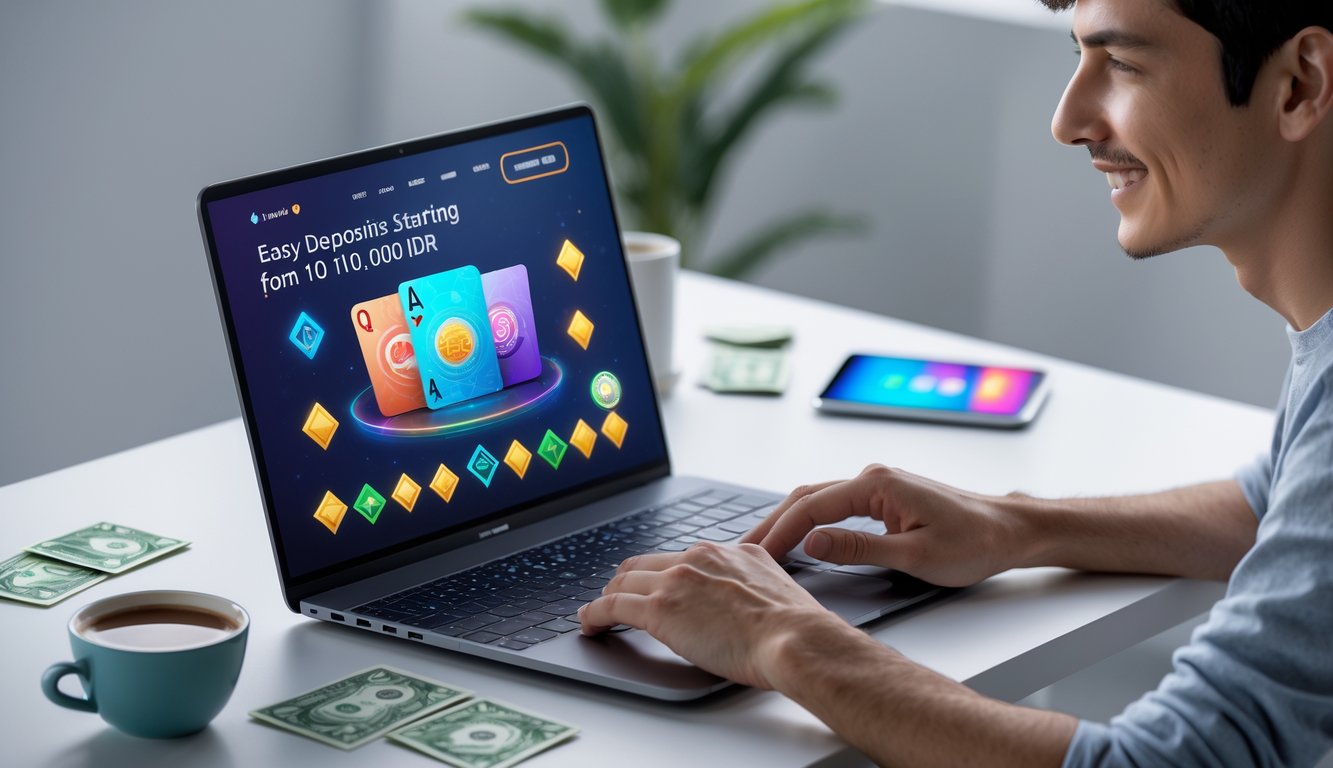 Seorang dewasa muda duduk di depan laptop dengan tampilan permainan kartu online, di meja terdapat ponsel dan secangkir kopi.
