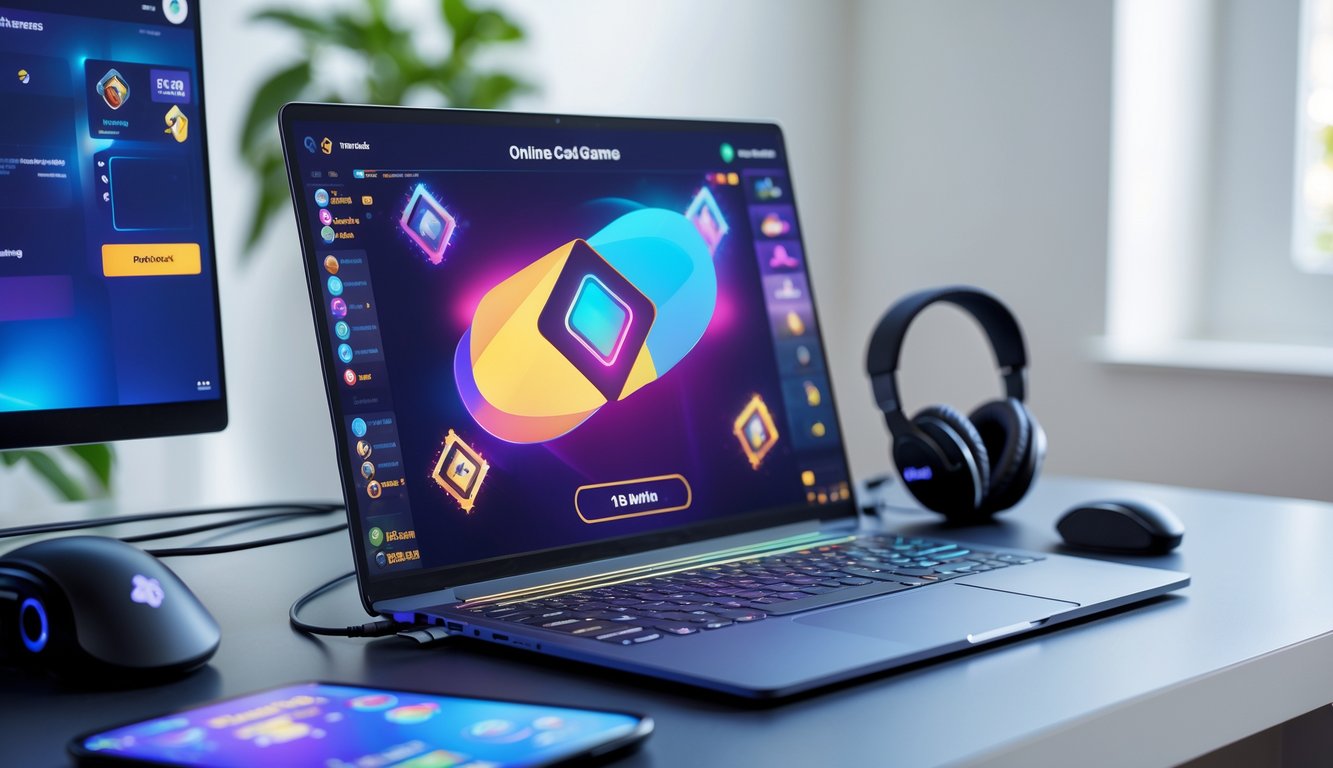 Sebuah meja kerja dengan komputer yang menampilkan permainan kartu online Ceme, dikelilingi aksesori gaming seperti mouse dan headphone, di ruangan yang terang dan rapi.