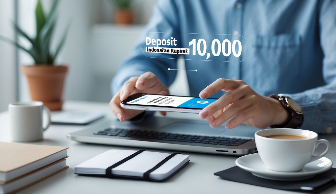 Seseorang menggunakan ponsel untuk melakukan transaksi deposit online di ruang kerja yang nyaman.
