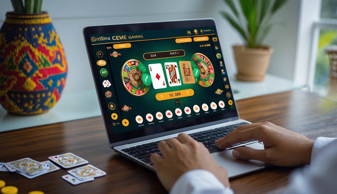 Seseorang menggunakan laptop atau ponsel untuk bermain permainan kartu Ceme online dengan suasana ruang kerja yang rapi dan pencahayaan terang.