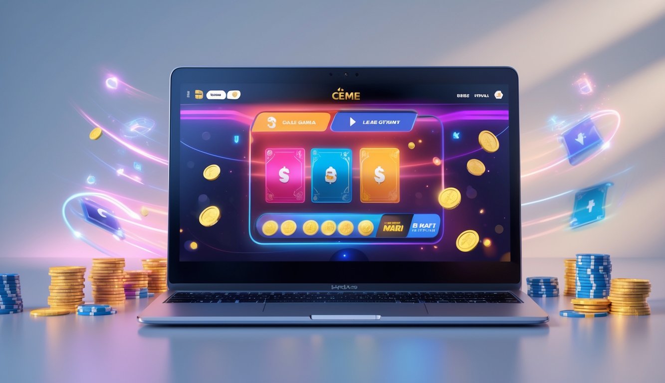 Seorang pengguna sedang bermain permainan kartu Ceme secara online menggunakan laptop dengan latar belakang bersih dan suasana yang menyenangkan.