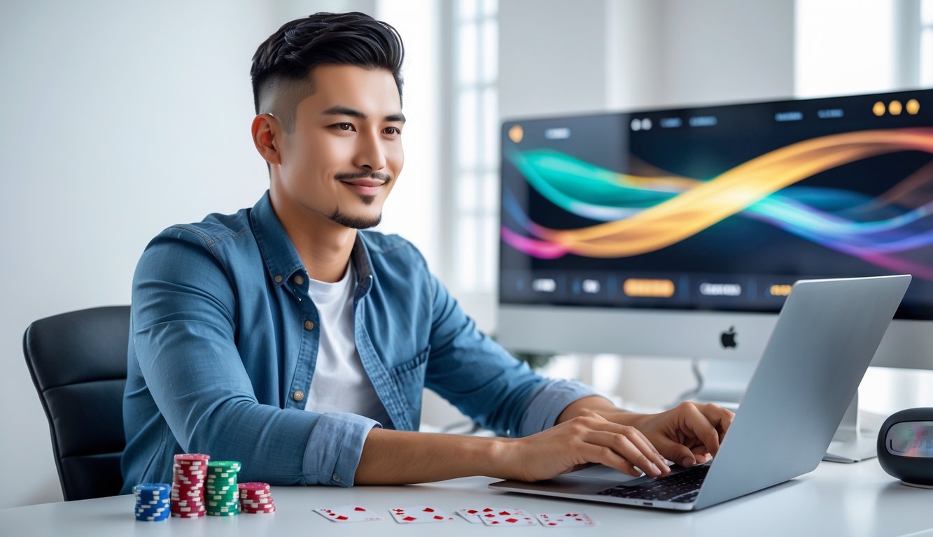 Seorang pria muda duduk di meja dengan laptop, bermain permainan ceme online di ruangan yang terang dan rapi.