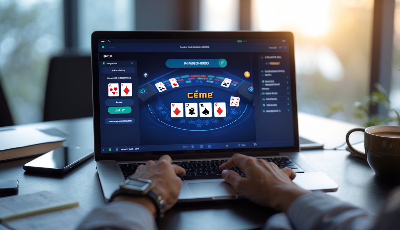 Seorang pria duduk di depan laptop yang menampilkan permainan kartu online, dengan ekspresi fokus dan percaya diri di meja kerja yang rapi.