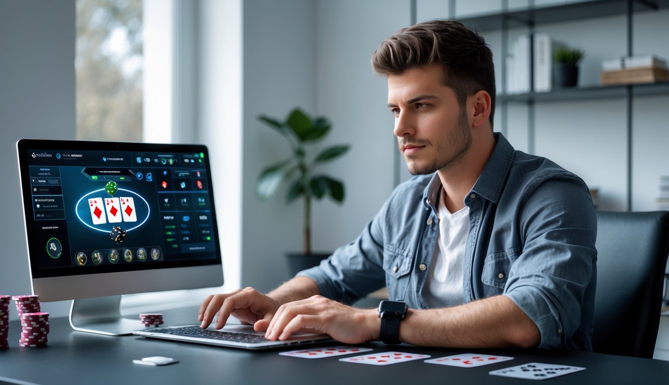 Seorang pria muda duduk di meja dengan laptop, fokus bermain permainan kartu online di ruang kerja yang rapi.