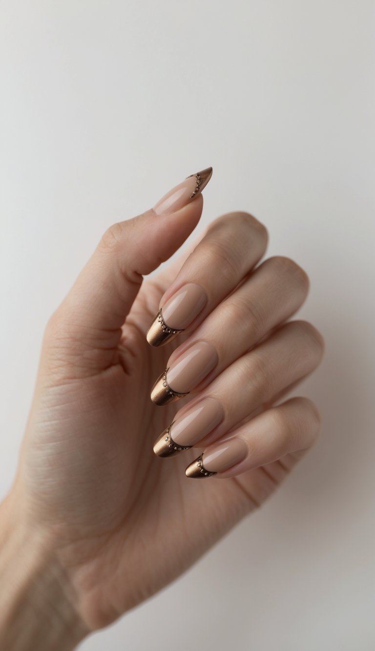Close-up of one hand with nude-colored nails featuring bronze French tips against a white background.
