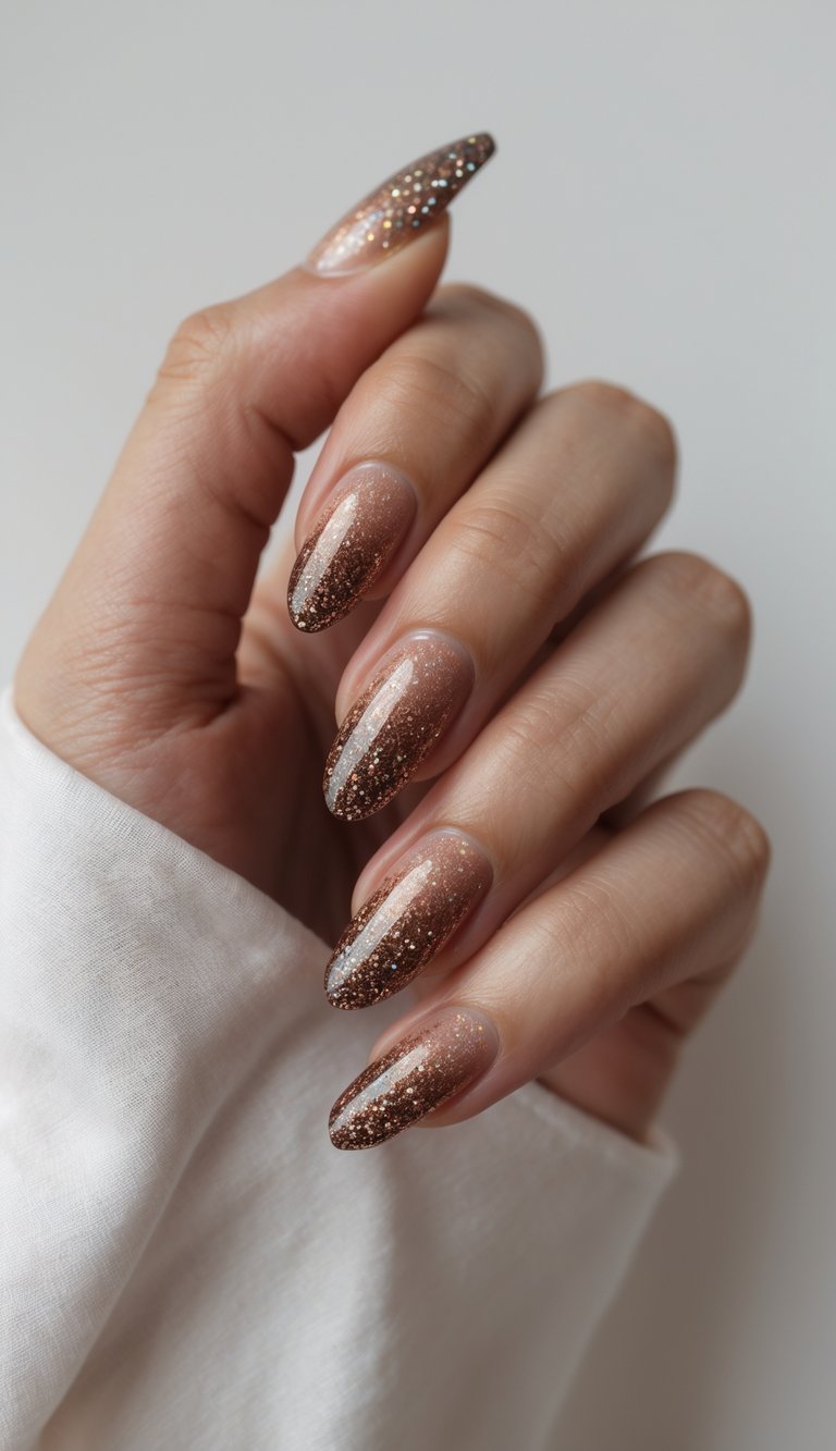 Close-up of a single hand with bronze glitter gradient nails against a white background.