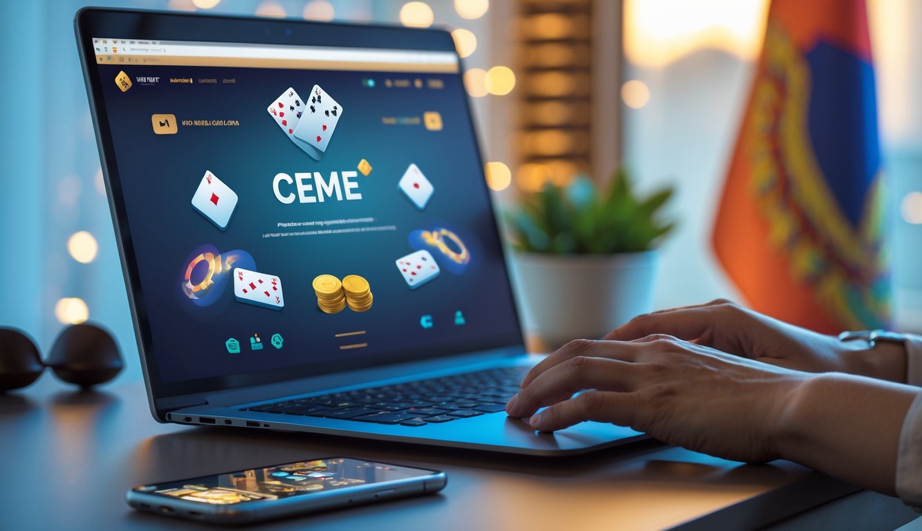 Seseorang menggunakan laptop dan ponsel di meja dengan tampilan permainan kartu online, di latar belakang terdapat elemen budaya Indonesia.