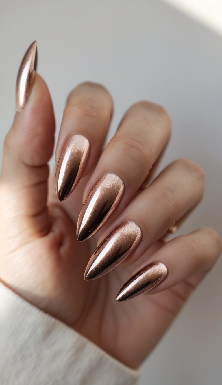 Close-up of one hand showing almond-shaped nails with bronze chrome French tip nail art against a white background.