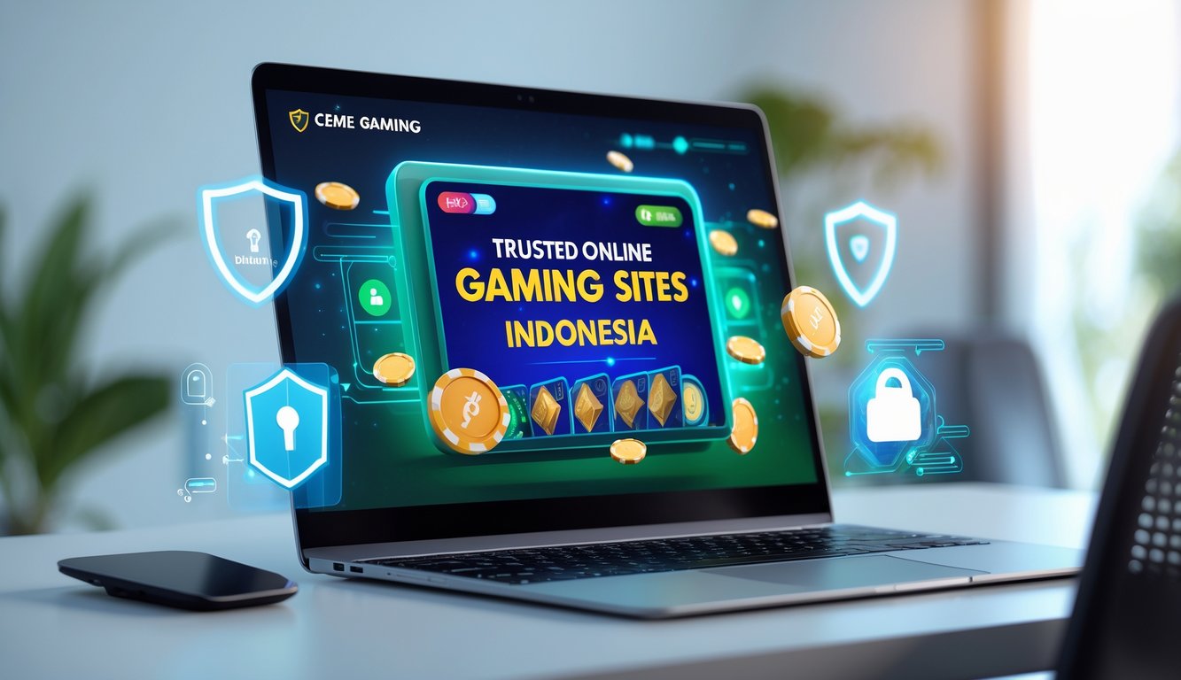 Seorang pengguna sedang bermain permainan kartu online di komputer dengan suasana ruangan yang terang dan rapi, menampilkan elemen simbol keamanan dan kepercayaan.