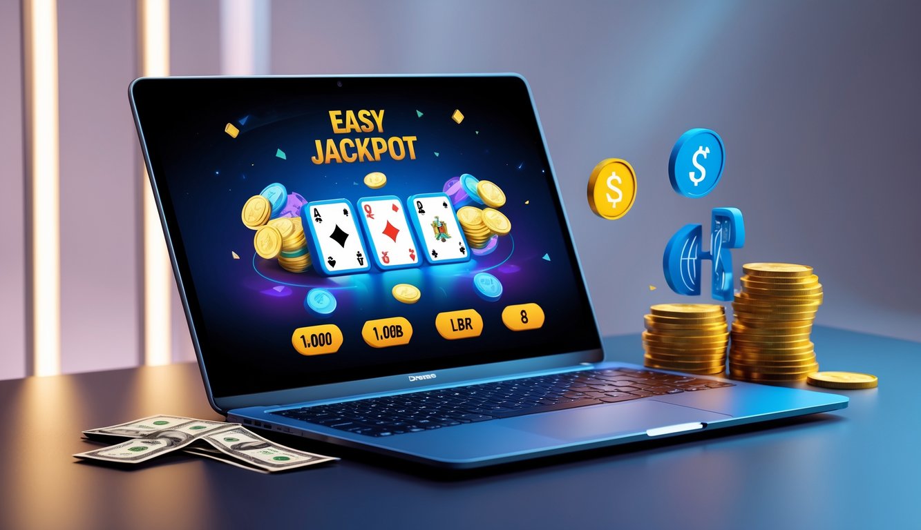 Seseorang menggunakan laptop atau ponsel untuk bermain game kartu online dengan tampilan kemenangan jackpot dan simbol uang di sekitarnya.