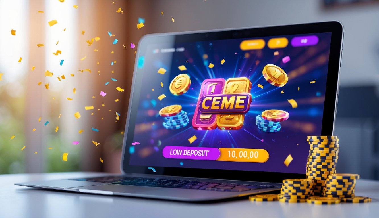 Seseorang menggunakan laptop dengan tampilan permainan Ceme online dan simbol chip digital di meja.