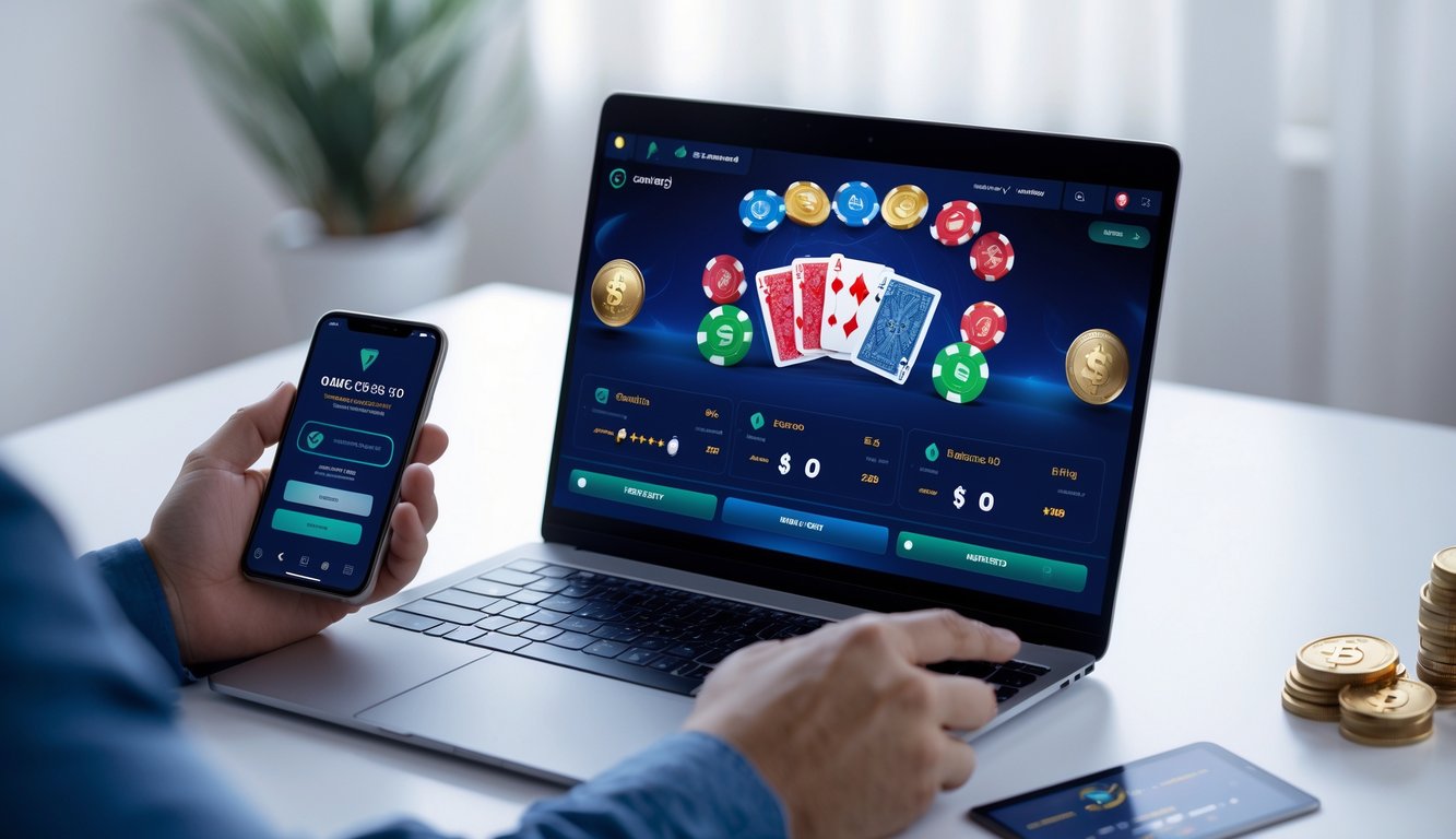 Seseorang menggunakan laptop atau ponsel untuk bermain permainan kartu online dengan tampilan antarmuka digital dan elemen transaksi keuangan.
