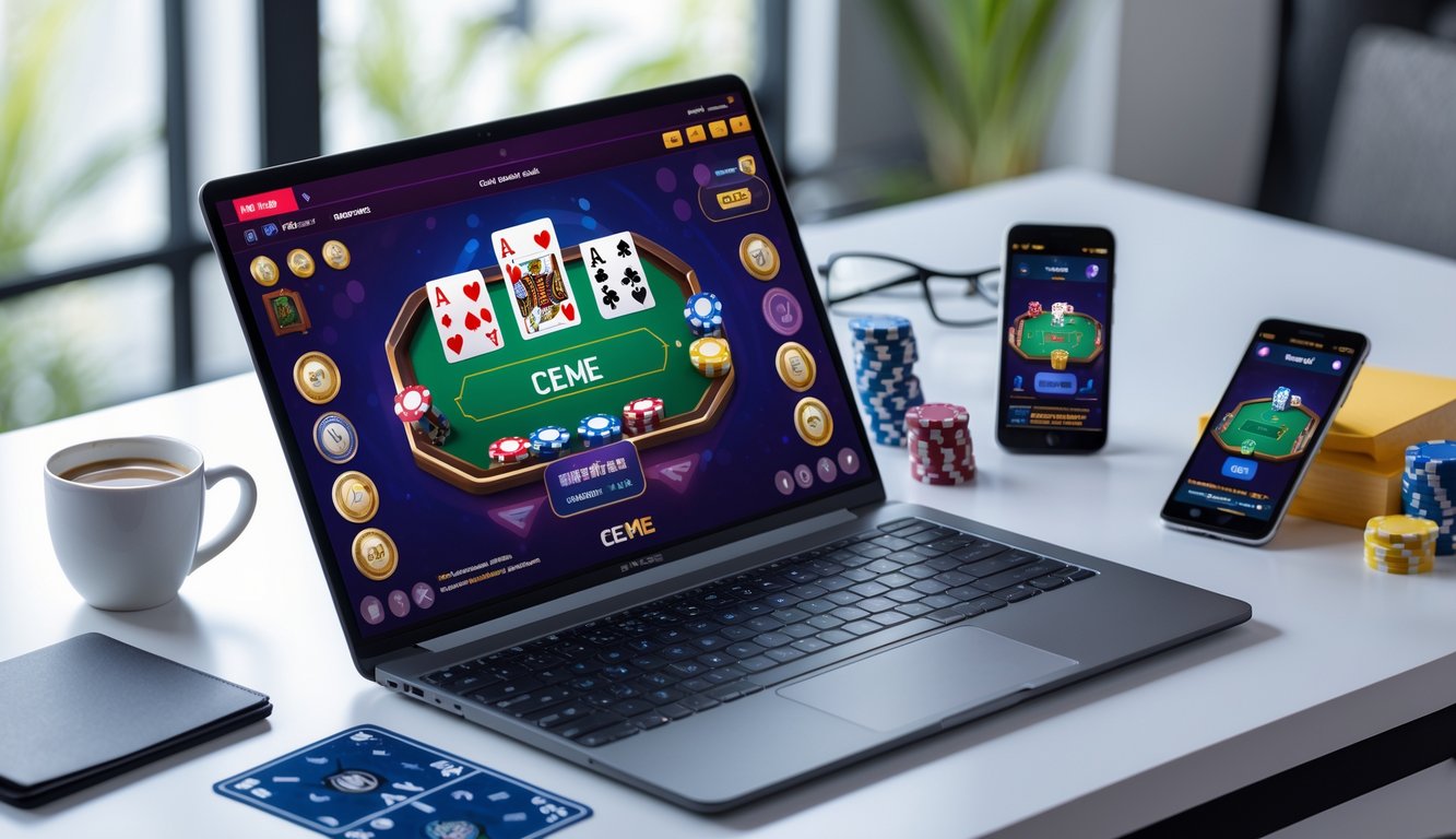 Seorang pemain menggunakan laptop dan smartphone untuk bermain permainan kartu Ceme online dengan chip dan kartu di meja.