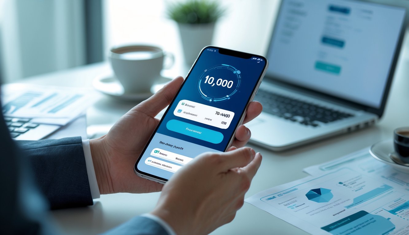 Tangan memegang ponsel yang menampilkan transaksi deposit online dengan latar belakang meja kerja modern.