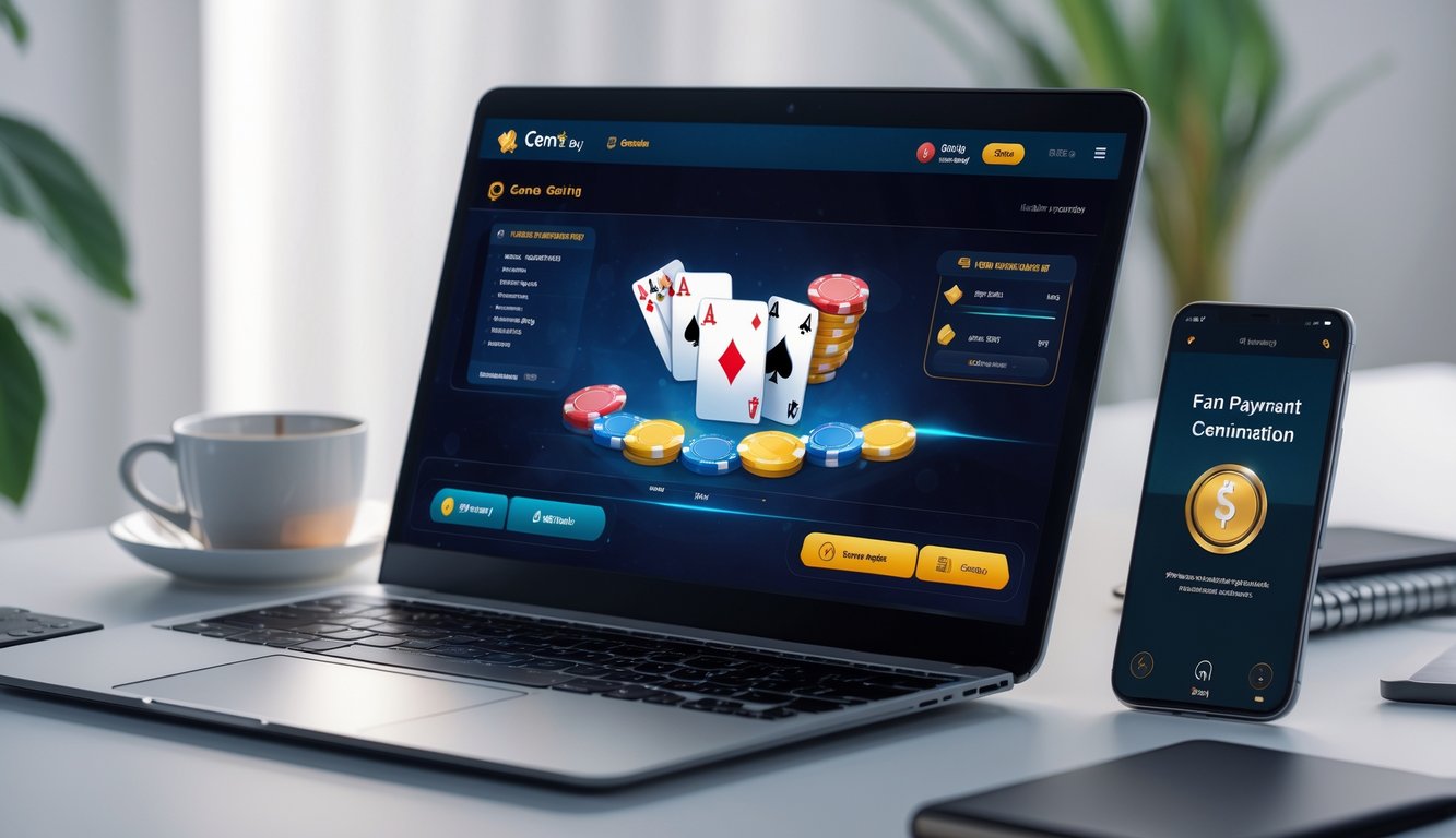 Seorang pengguna bermain game Ceme online di laptop dengan ponsel di samping yang menunjukkan konfirmasi pembayaran cepat.