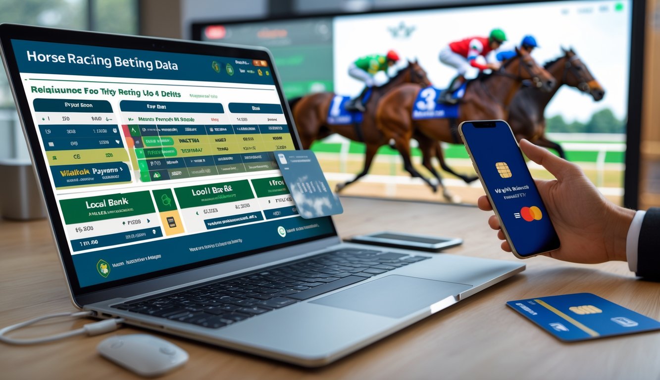Suasana modern dengan perangkat digital menampilkan data balap kuda dan opsi pembayaran melalui bank lokal dan e-wallet.